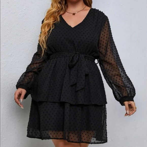 Blue plus size bishop sleeve ruffle hem belted mini dress - Picture 7 of 16